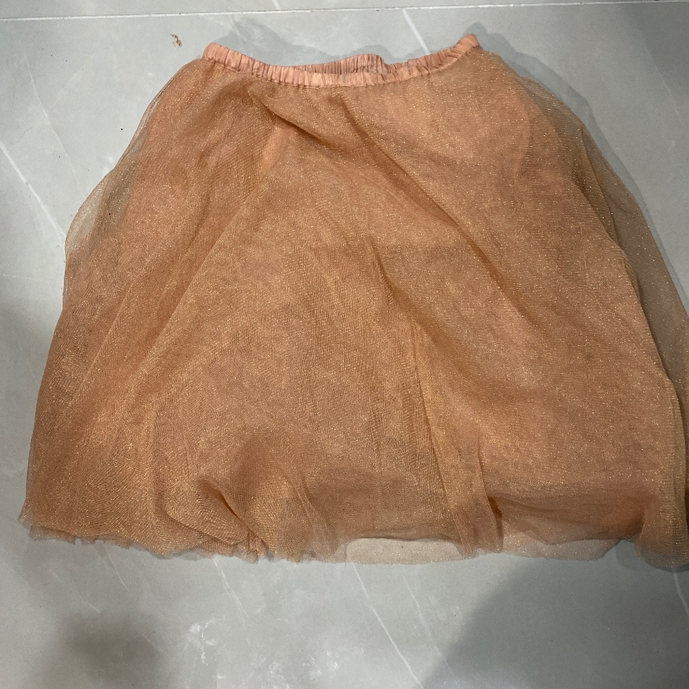 #3 Woman’s pink peachy sparkle knee length skirt layered